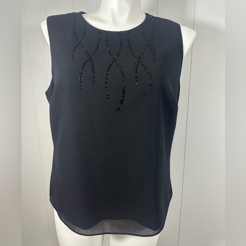Adrianna Papell 1X Top Black Sleeveless Beaded Round Neck Lined Blouse Chiffon - Picture 1 of 9